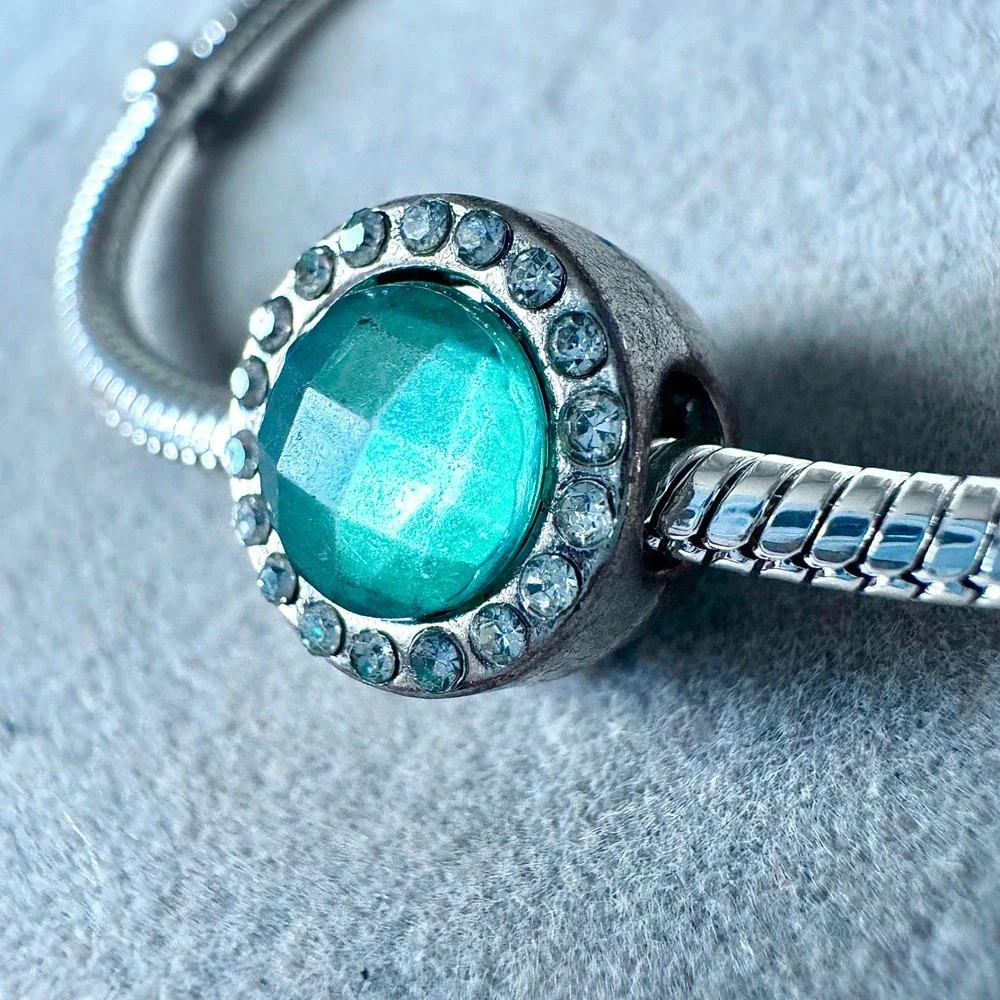 Teal‎ Crystal Halo Round Slide Charm Bracelet Silver Tone Sparkle fits PANDORA